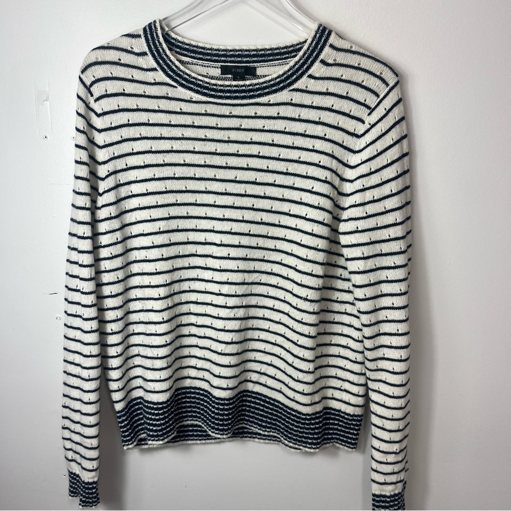 J. Crew White and Navy Pointelle Striped Crew Neck Sweater